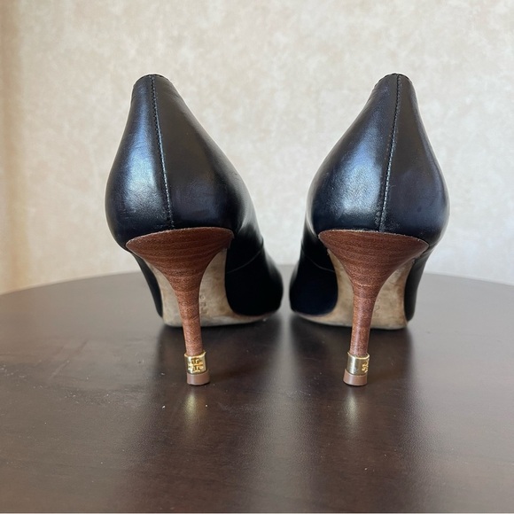 Tory Burch Black Leather and Wood Grain High Heel Shoes  US 9.5 dinner career - Picture 3 of 10
